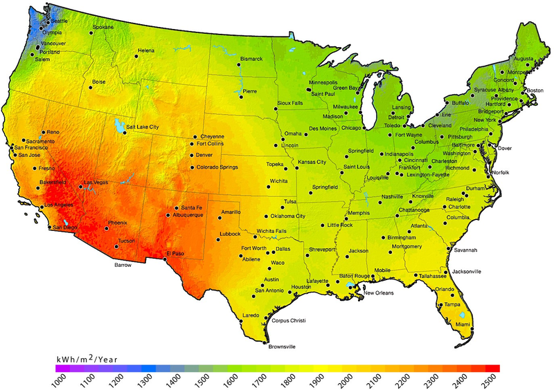 Solar resources available across the United States. Florida ranks about the sunniest states. Source: NREL